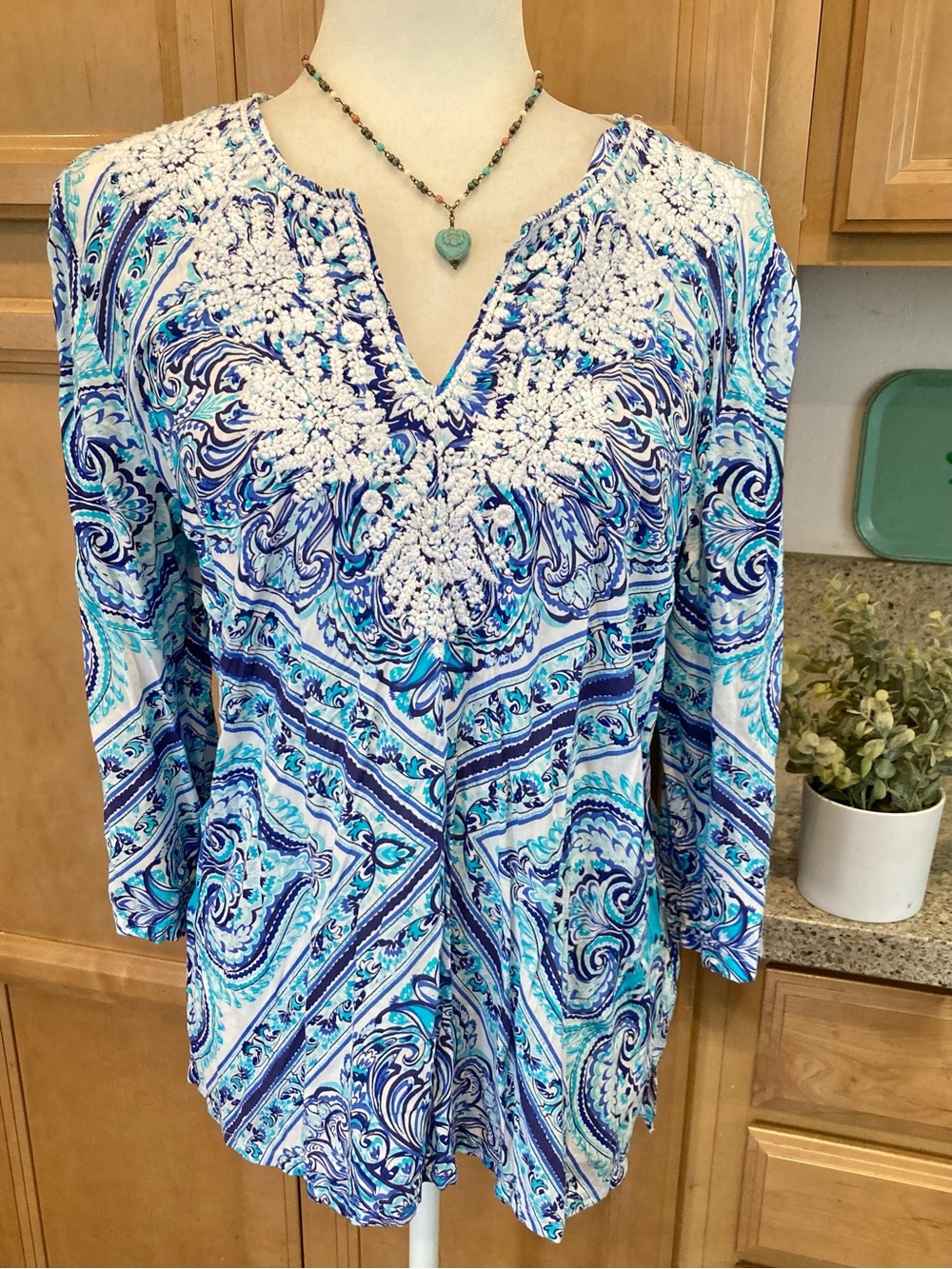 Charter Club Blue & White Embroidered V-Neck Top